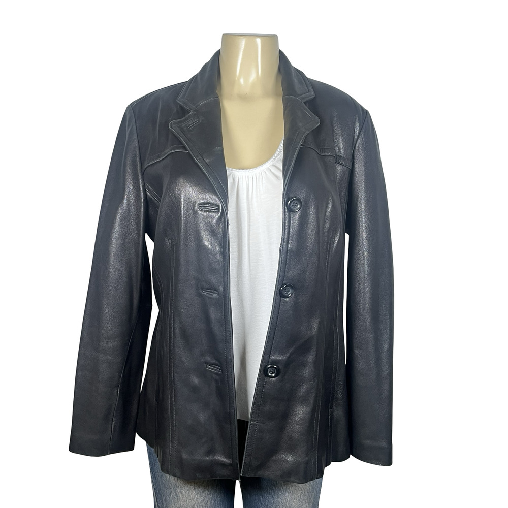 Avanti New York Black Learher Jacket Womens Large Blazer Button Front